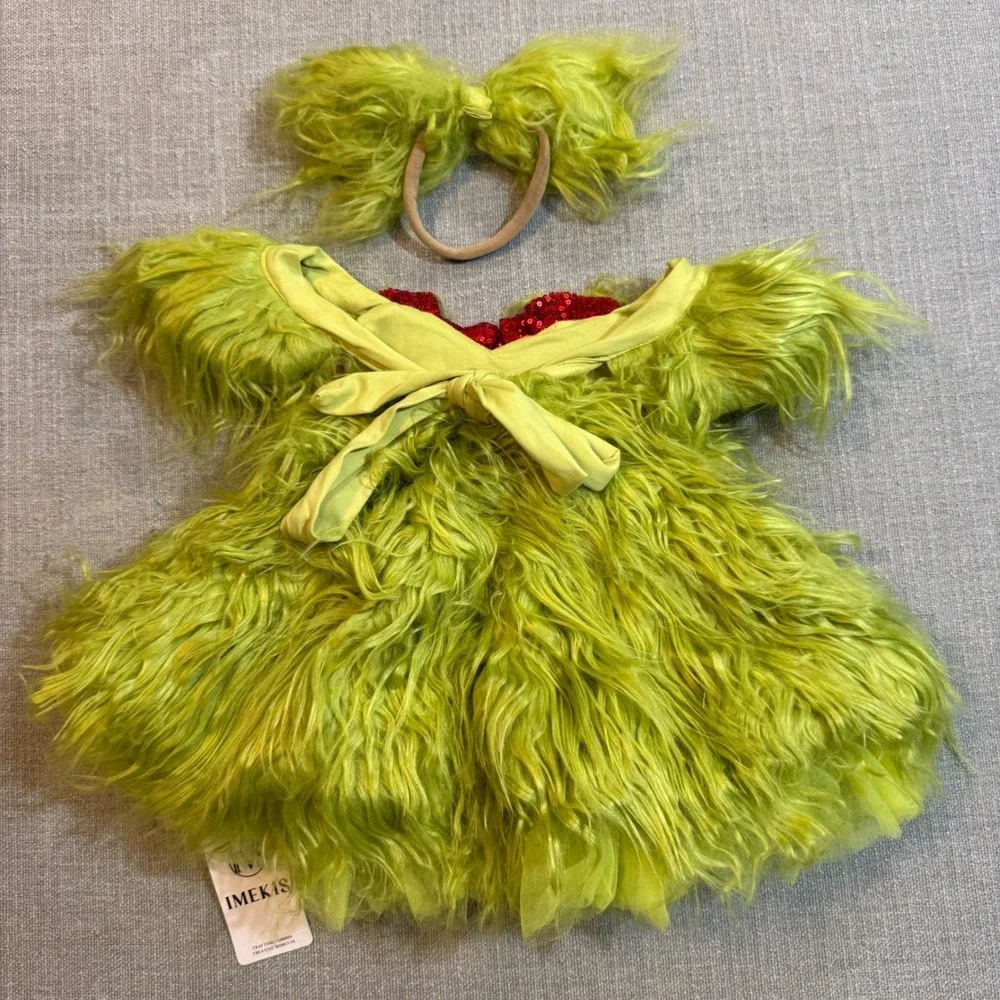 Baby Girls Grinch Christmas Costume Dress 18M Green Faux Fur Heart Headband